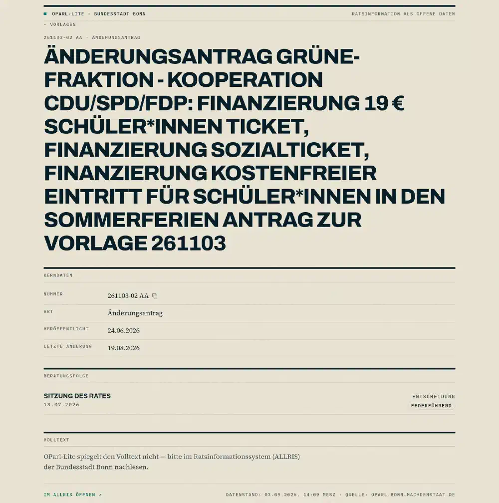 Detailseite der Vorlage 261103-02 AA mit Kerndaten und Beratungsfolge